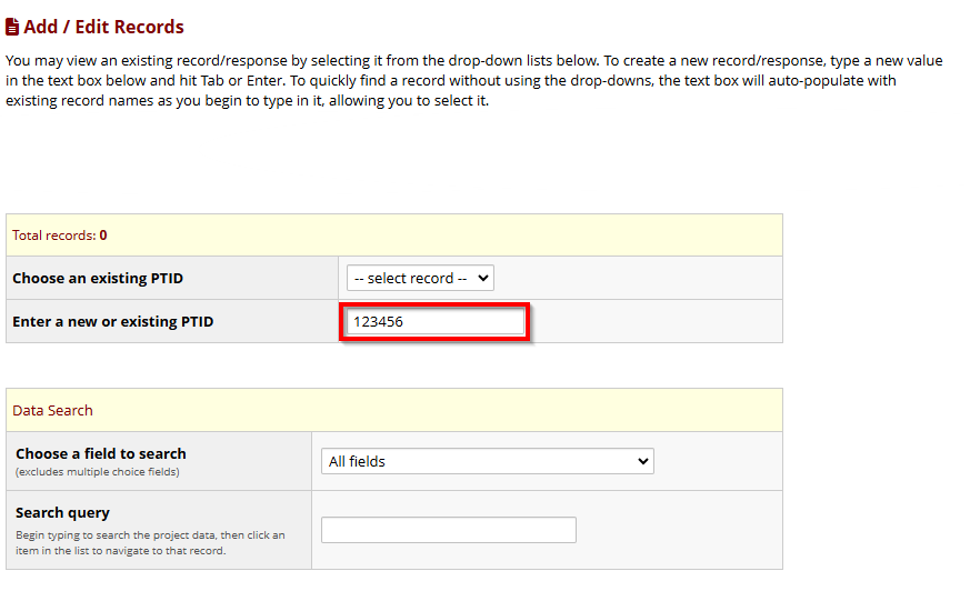 Alt text: Image of REDCap Direct Entry page with Enter a new or existing PTID field outlined.