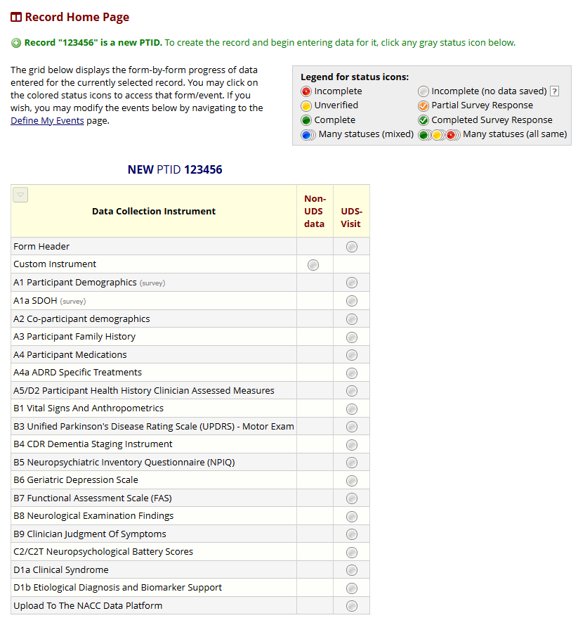 Alt text: Image of REDCap Direct Entry page showing all UDSv4 forms for direct entry.