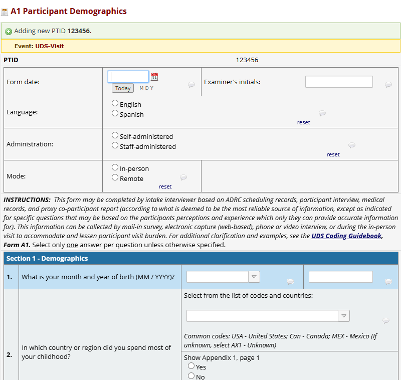 Alt text: Image of UDSv4 A1 REDCap Direct Entry form.