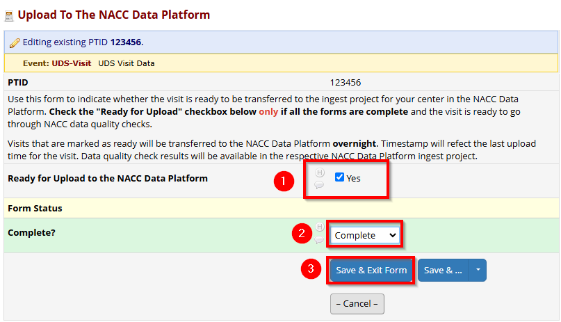 Alt text: Image of UDSv4 Upload To The NACC Data Platform form with the required fields and buttons outlined.