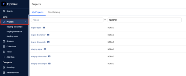 Screenshot: ncrad-apoe-01-flywheel-home-project-list.png
