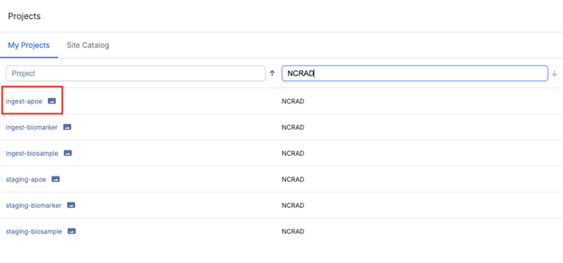 Screenshot: ncrad-apoe-02-ingest-project-selected.png