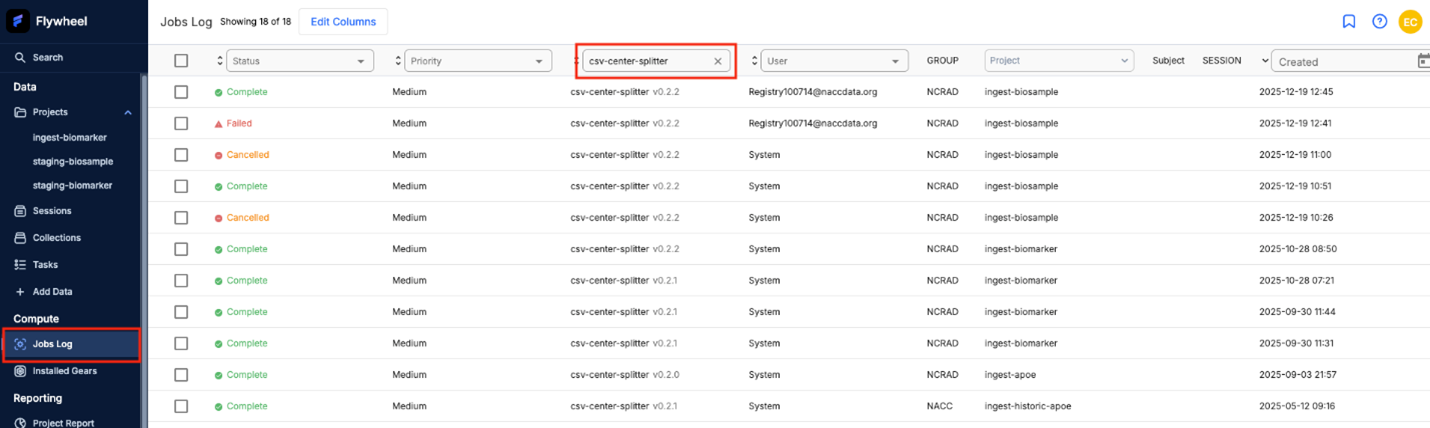 Screenshot: ncrad-apoe-06-jobs-log-center-splitter-running.png