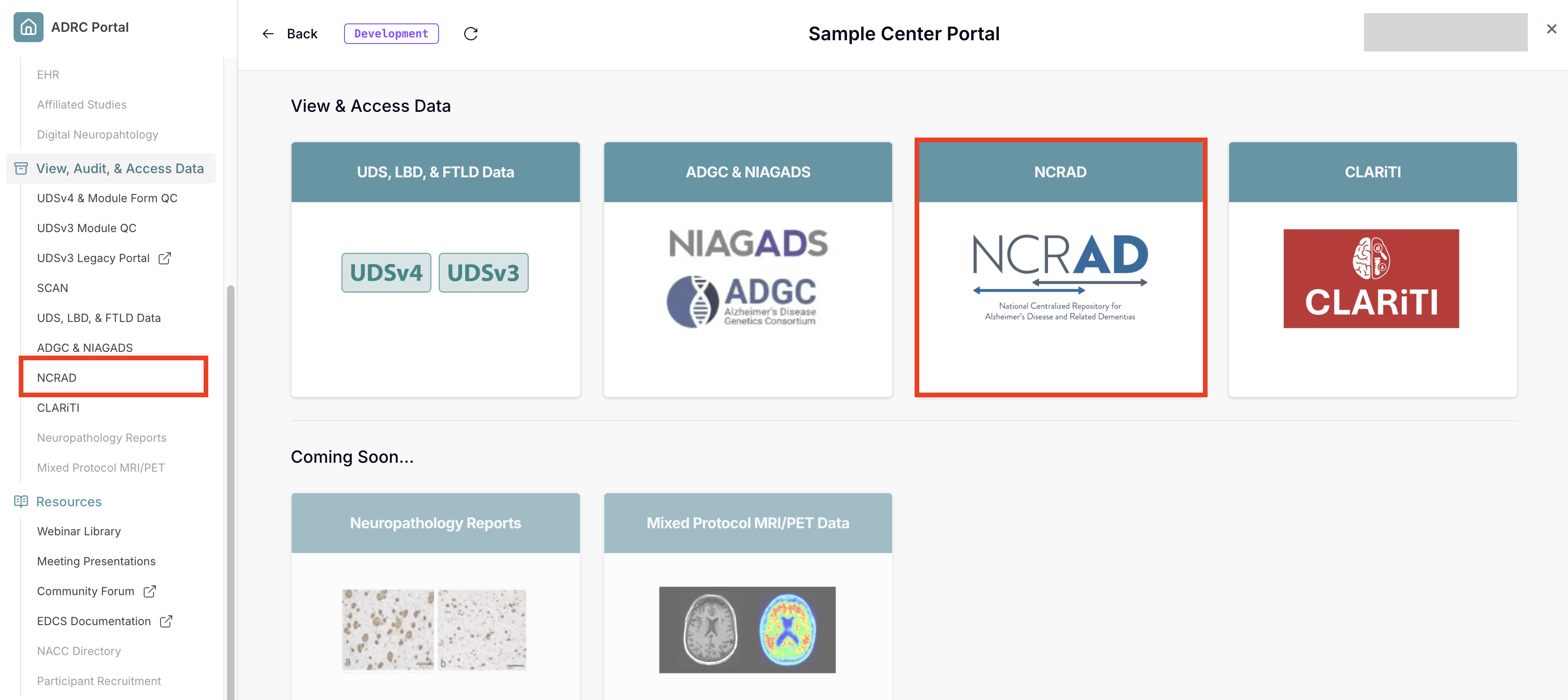 Alt text: Image of the ADRC Portal "View, Audit, and Access Participant Data" landing page with the "NCRAD" card outlined