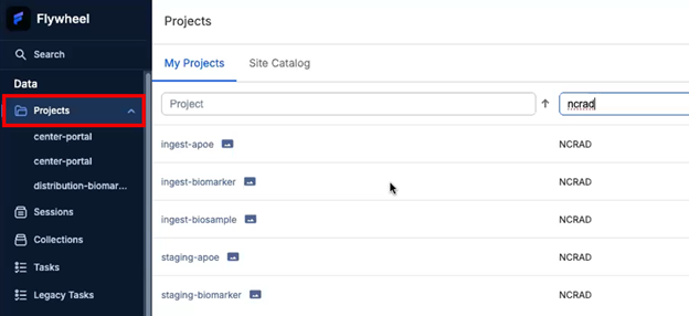 Screenshot: ncrad-returns-01-flywheel-home-project-list.png