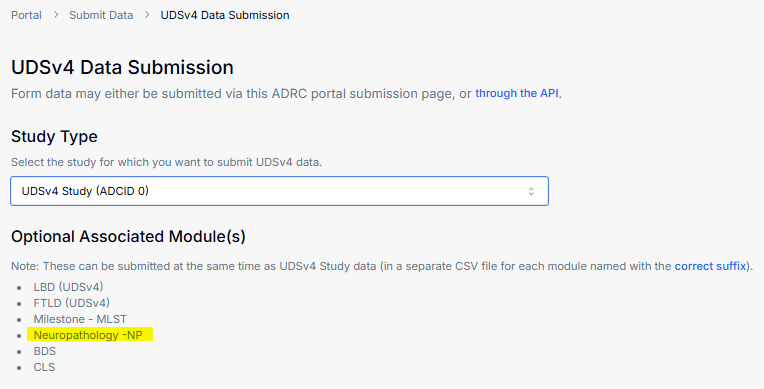 Available modules list including Neuropathology (NP).