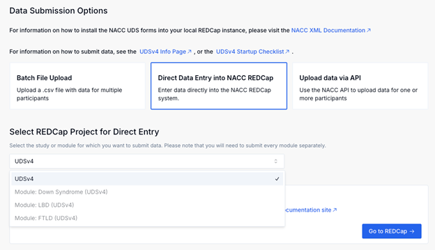 Go to REDCap button for Direct Data Entry.
