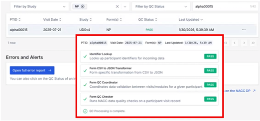 Alt text: np download 15 visit level qc status pass details.