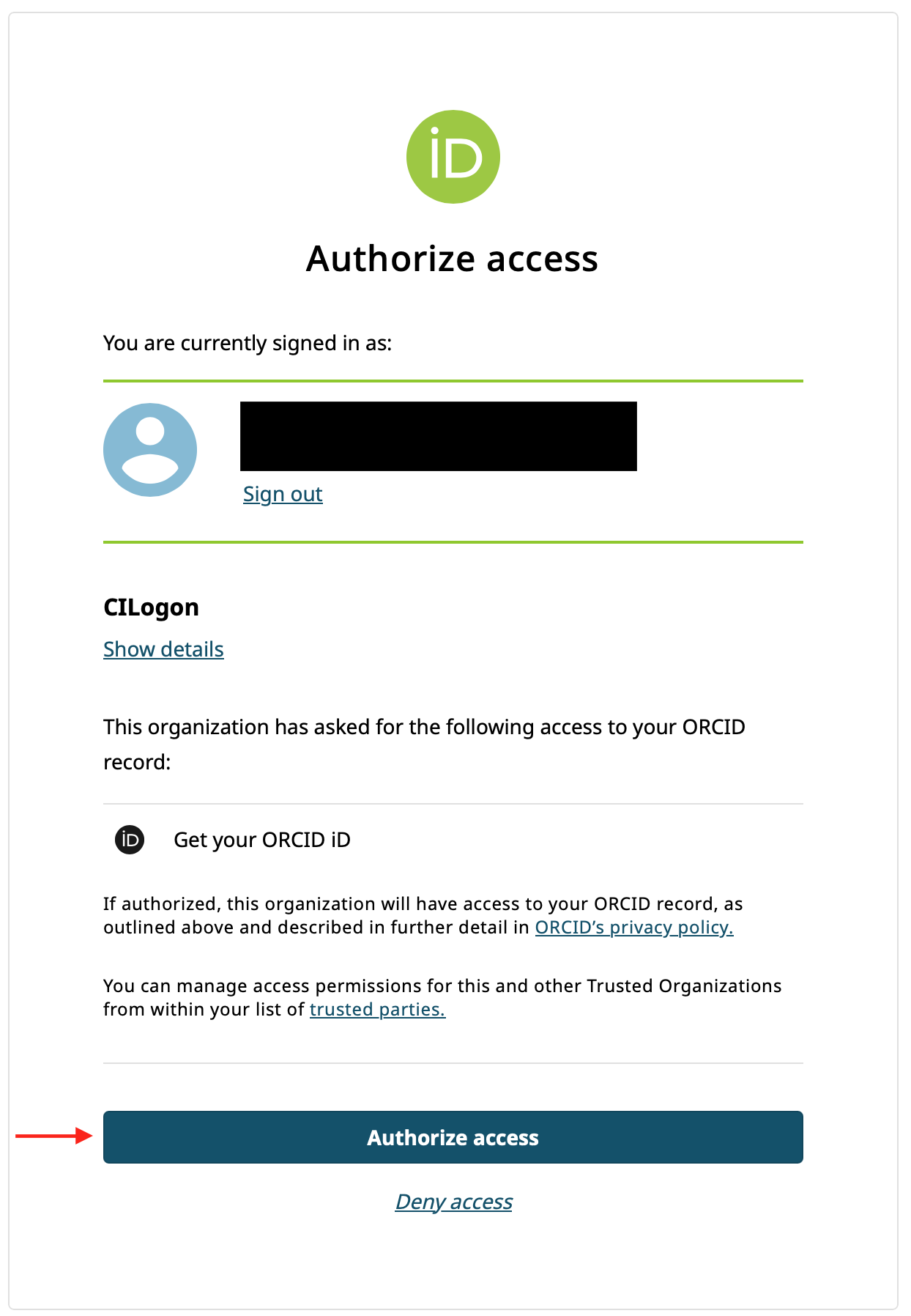 ORCiD authorize access dialog for CILogon