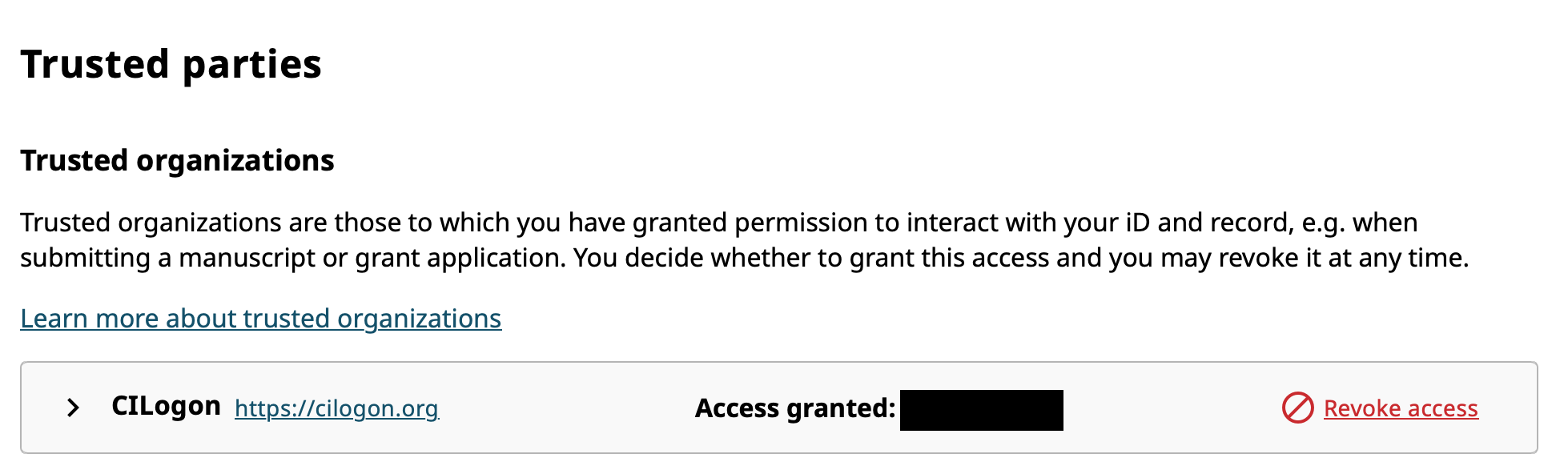 Trusted parties list showing CILogon with access to ORCID iD