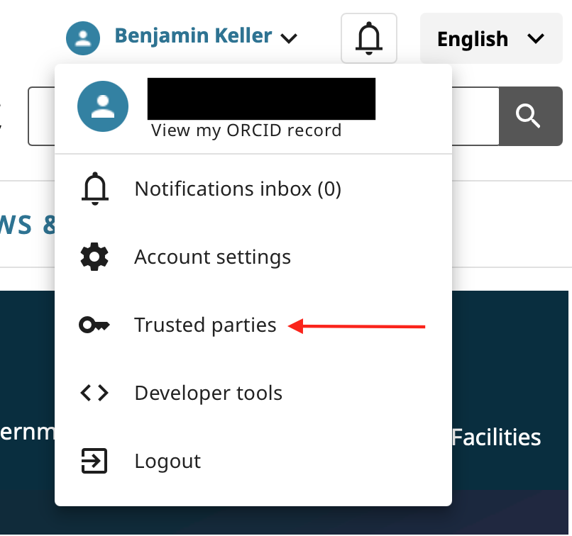 ORCiD profile menu showing Trusted parties option
