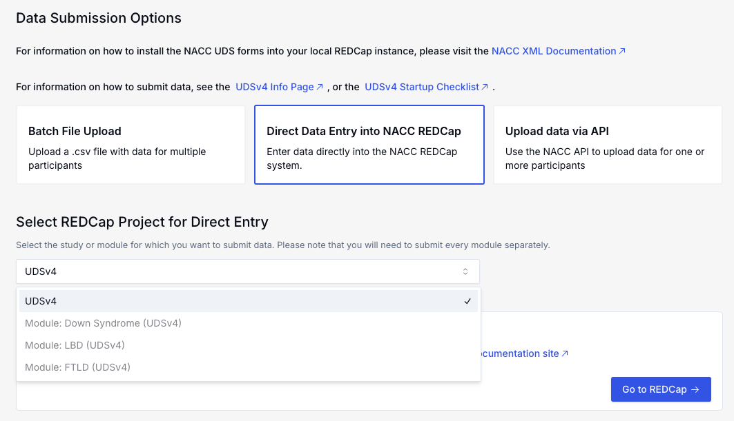 Clicking Direct Data Entry displays module selection drop-down.