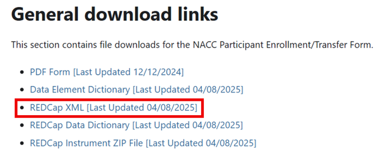 General download links section in REDCap portal