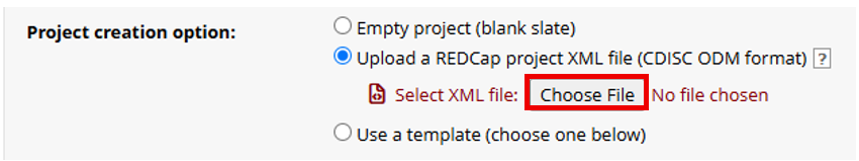 File picker dialog for selecting REDCap project file