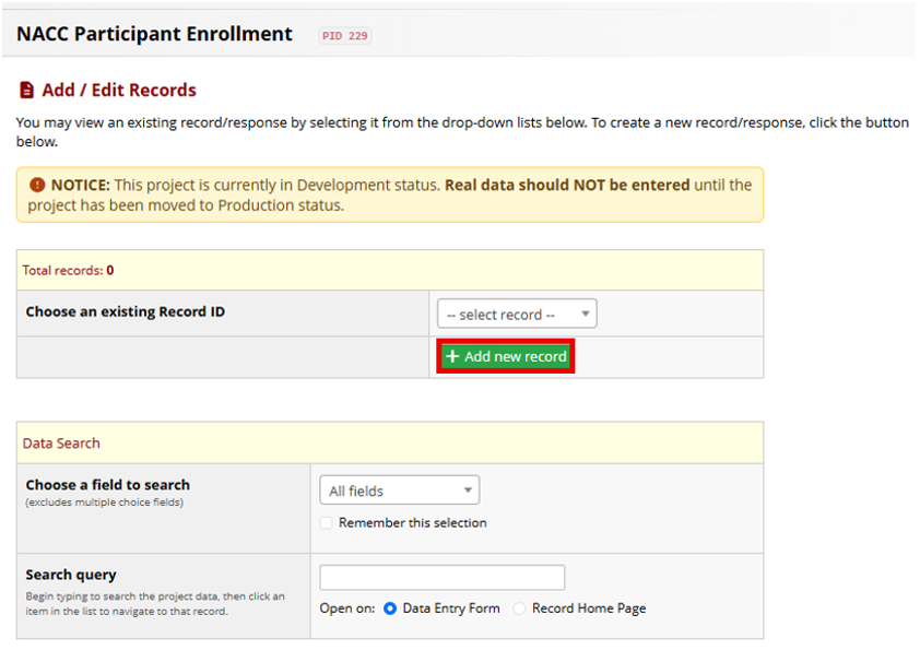 Add new record dialog in REDCap