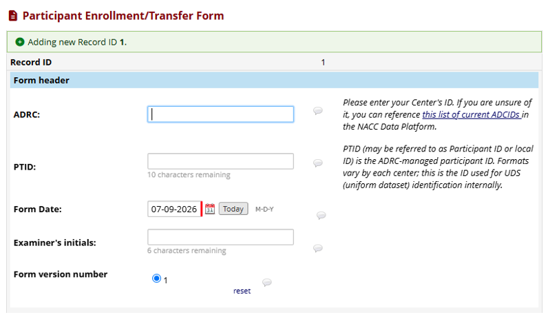 Form header information section in REDCap data entry