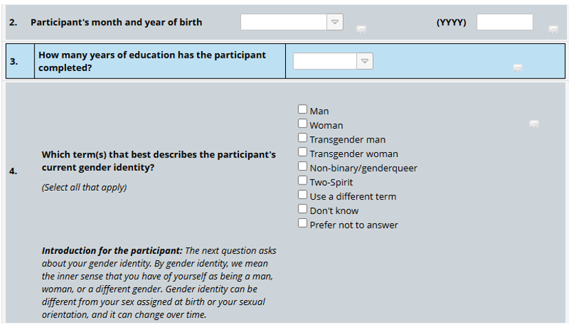 Sections 2 through 4 of REDCap data entry form