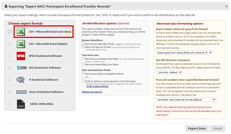 Export data dialogue box with format options in REDCap