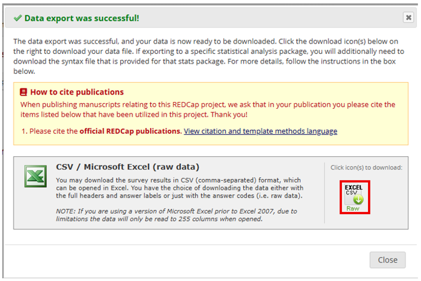 CSV download icon in REDCap export interface
