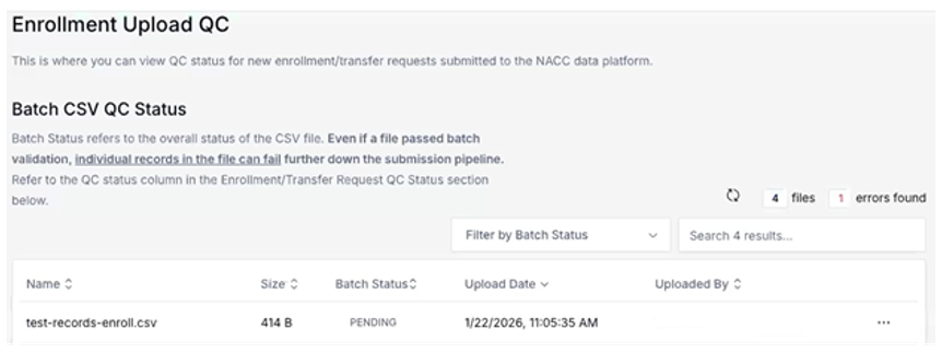 Enrollment upload quality control results