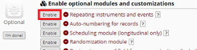 Enable optional modules and customizations section of the Project Setup page with a red box around the ‘Enable’ button to the left of the Repeating instruments and events option.