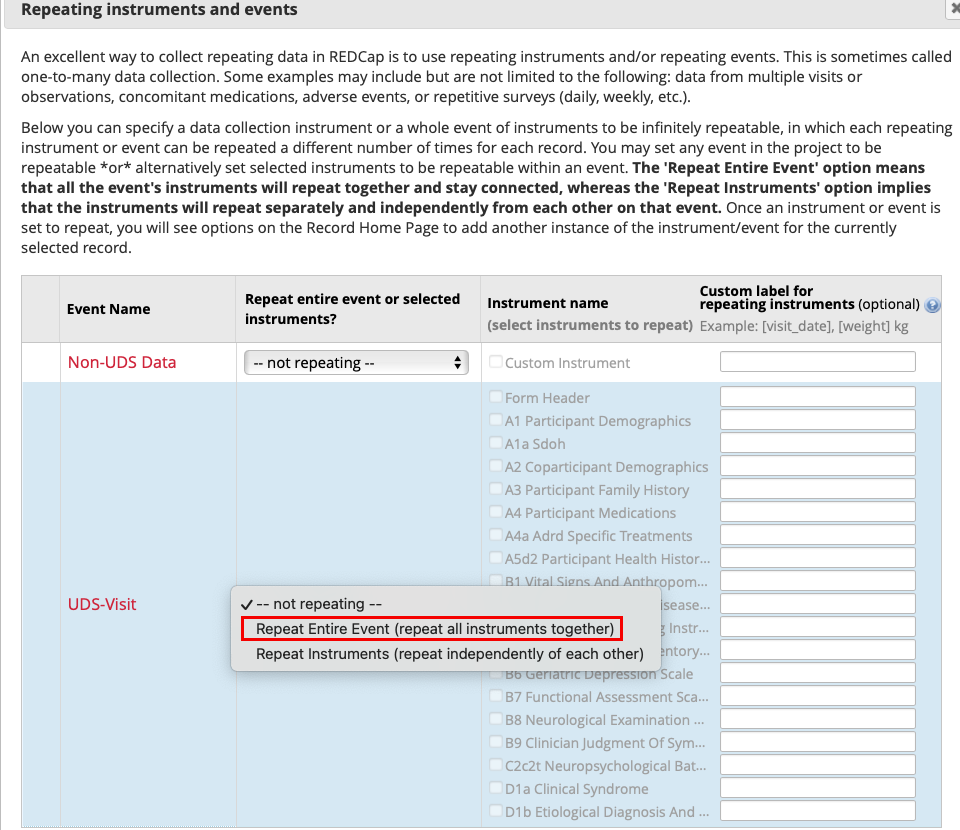Repeating instruments and events pop-up tab. The dropdown in the “Repeat entire event or selected instruments?” column has options for repeatability, with a red box around the “Repeat Entire Event” option.