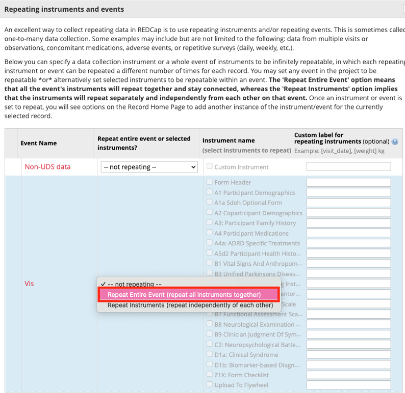 Repeating instruments and events pop-up tab. The dropdown in the “Repeat entire event or selected instruments?” column has options for repeatability, with a red box around the “Repeat Entire Event” option.