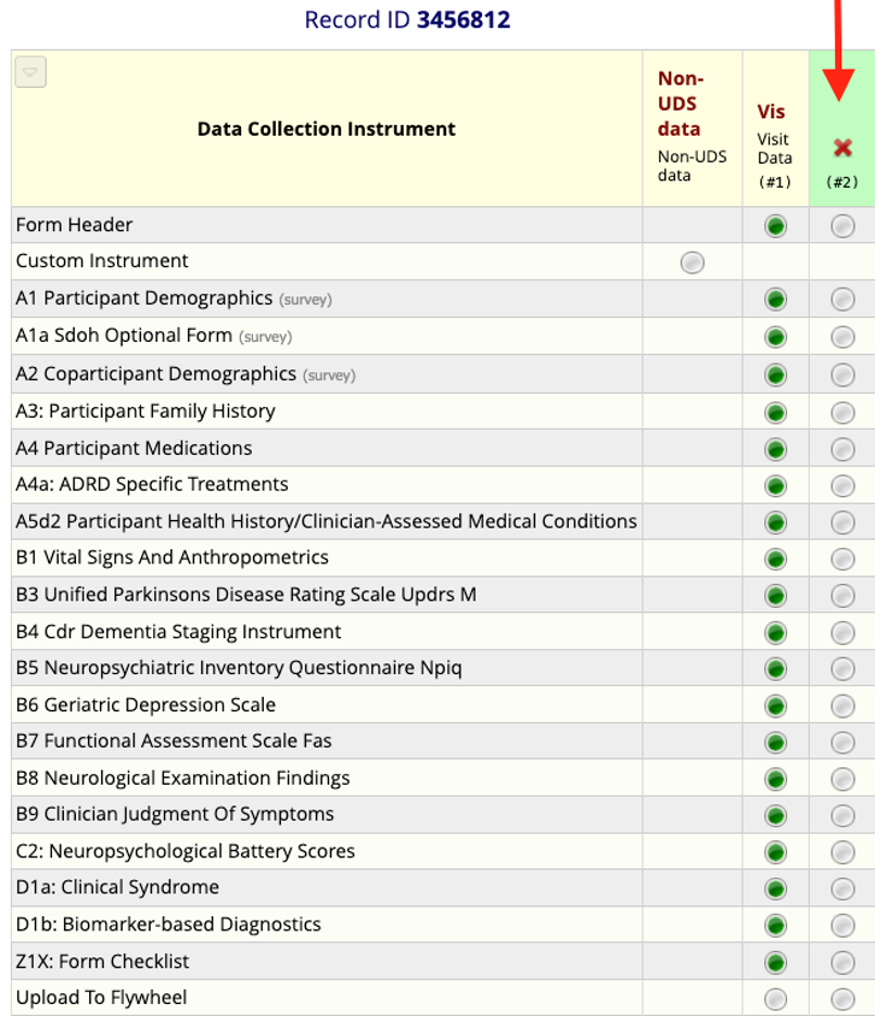 Record home page showing list of instruments with a red arrow pointing to a new column to add #2 for a new event. 