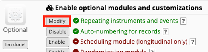 Enable optional modules and customizations section of the Project Setup page with a red box around the ‘Modify’ button to the left of the Repeating instruments and events option.