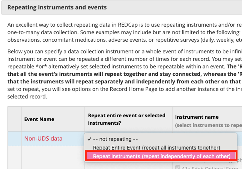 Repeating instruments and events pop-up tab. The drop-down in the Repeat entire event or selected instruments? column has options for repeatability, with a red box around the  “Repeat Instruments” option.