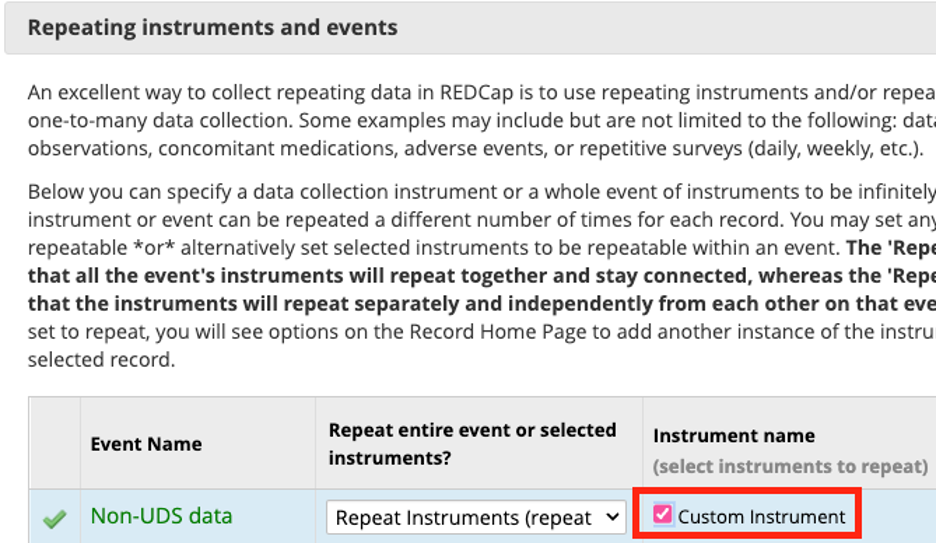 Repeating instruments and events pop-up tab with a red box around the Custom Instrument form in the column Instrument Name.