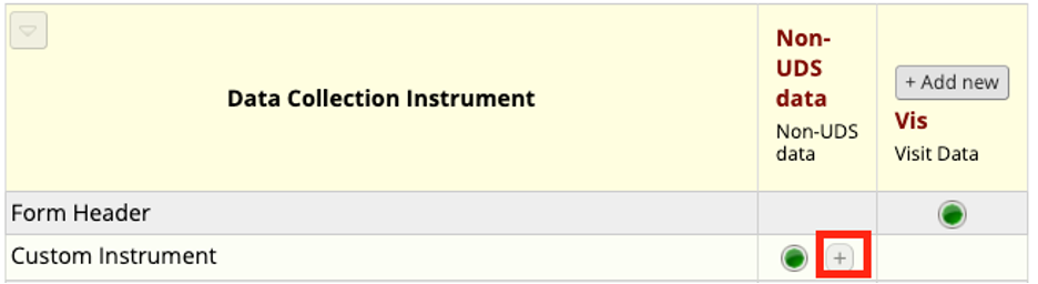 Record home page showing a list of instruments and a red box around the plus sign icon near the circle icon on the row corresponding to the Custom Instrument.