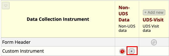 Record home page showing a list of instruments and a red box around the plus sign icon near the circle icon on the row corresponding to the Custom Instrument.