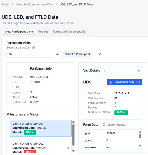 Alt text: UDS, LBD, and FTLD participant summary page.