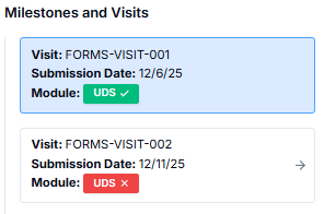 Alt text: Milestones and Visits list with color-coded module QC badges.