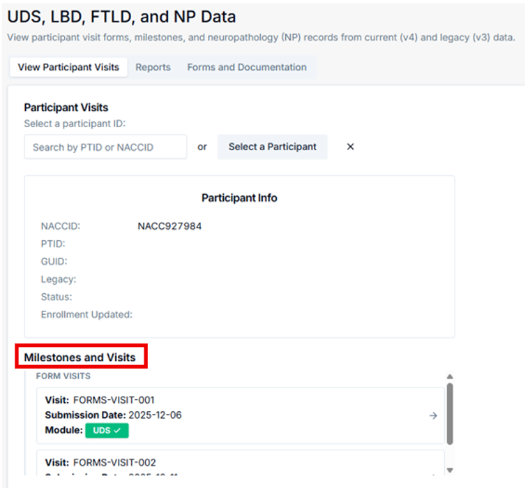 Alt text: UDS, LBD, and FTLD participant summary page.
