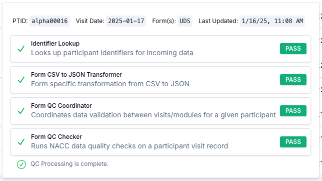 Image of the QC status pop-up dialog for a visit that passed validation