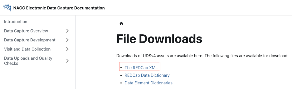 EDC File Downloads Page with a red box around the XML link.