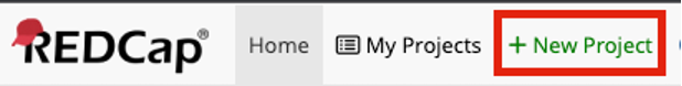 REDCap Homepage navigation bar with a red box around ‘+New Project’
